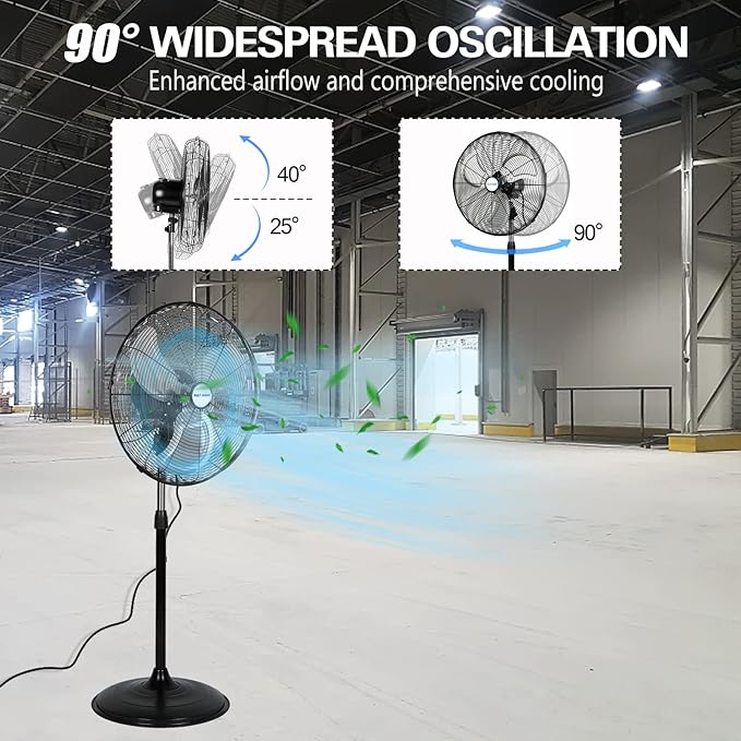 BILT HARD 5200 CFM 20" High-Velocity Industrial Pedestal Fan, 3-Speed Oscillating Stand Fan, Heavy Duty Metal Fan for Commercial, Warehouse, Garage Use