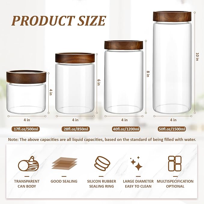 3 Pack 40 fl oz/1200 ml Clear Glass Storage Canister with Airtight Wooden Screw On Lid, Large Tall Decorative Glass Container Jar Set for Coffee, Nut, Tea, Candy, Cookie, Cereal, Sugar, Flour