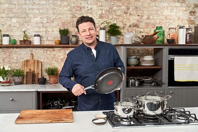 T-Fal x Jamie Oliver Nonstick Coated Stainless Steel Pans 9.5" & 11", Induction Compatible, Oven Safe up to 500°F, Chef's Stainless Steel Skillet, Frying Pan, Silver