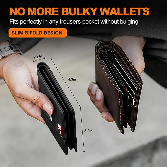 Wallet for Men Slim RFID Blocking Bifold Carbon Fiber,Minimalist Small Compact Front Pocket Credit Card Holder,Thin Mens Leather Wallets Smart Security With 2 ID windows 1 Cash (Crazy Horse Black)