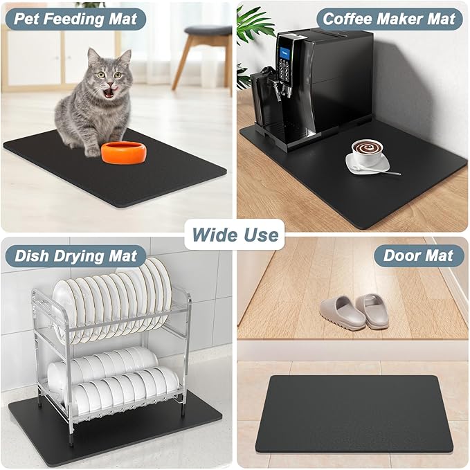 Rnivvi Coffee Mat, 16" x 24" Coffee Bar Mats for Espresso Machine Station Accessories and Organizer, Hide Stain Rubber Backed Absorbent Dish Drying Pad for Kitchen Counter, Cute Bar Decor Pad, Black