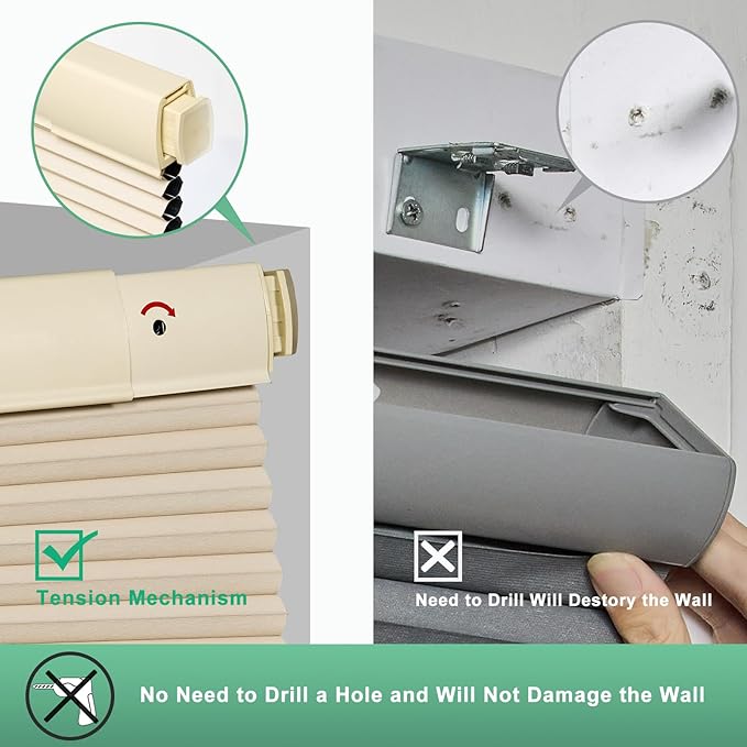 Tonature No Drill Cellular Shades for Indoor Windows, Thermal Insulating & Noise Reducing Honeycomb Blinds, Free Stop Cordless Blackout Shades, Beige,49 1/2" W x 64" H