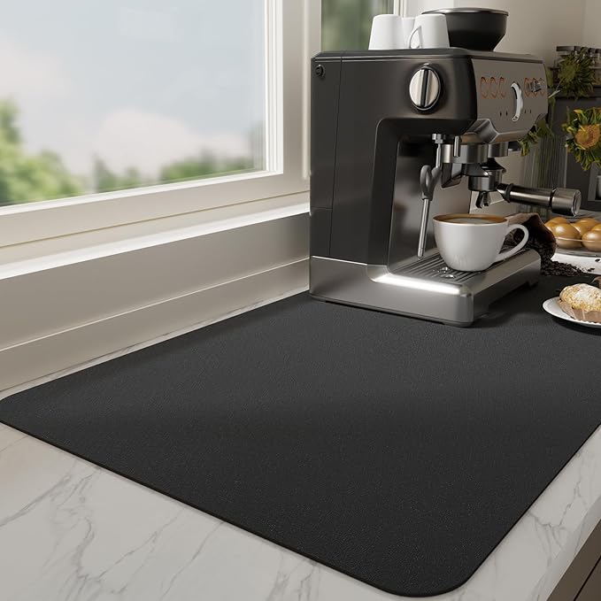Ecotrim Absorbent Coffee Mat , Stain Hiding PU Leather Surface, Non-Slip Natural Rubber Backing, Quick Dry Mat for Espresso Machine, Kitchen Counter ,Black | 17" x 31.5"