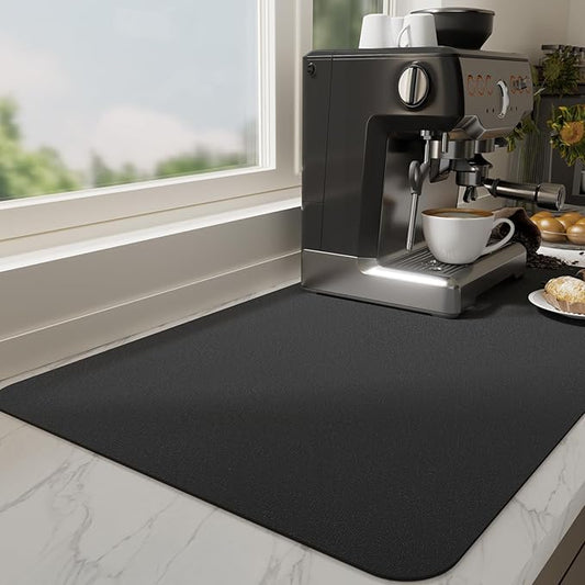 Ecotrim Absorbent Coffee Mat , Stain Hiding PU Leather Surface, Non-Slip Natural Rubber Backing, Quick Dry Mat for Espresso Machine, Kitchen Counter ,Black | 17" x 31.5"