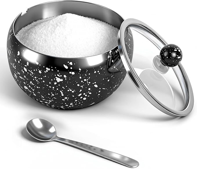 holoith Sugar Container with Glass Lid and Spoon, 16oz Snowflake pattern Stainless Steel Sugar Bowl for Coffee Bar Station Accessories Kitchen Storage for Salt, Candy, Coffee Bean (Black)