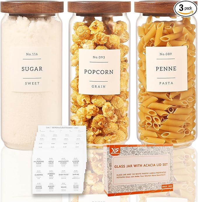 3 Pack Glass Canisters with Airtight Acacia Lids and 132 Kitchen Pantey Labels Preprint - 36 Fl OZ Borosilicate Glass Pantry Storage Jars Containers with Wooden Lids for Tea,Sugar,Cookie,Pasta,Candy