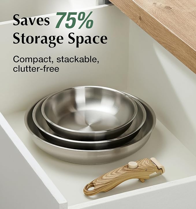 KOCH SYSTEME CS Stainless Steel Frying Pan Set, 8" & 9.5" & 11" 18/10 Stainless Steel Pan Set with Stylish Removable Handles, Tri-Ply Steel Base for Rapid Heating, Induction Compatible Camp Pan