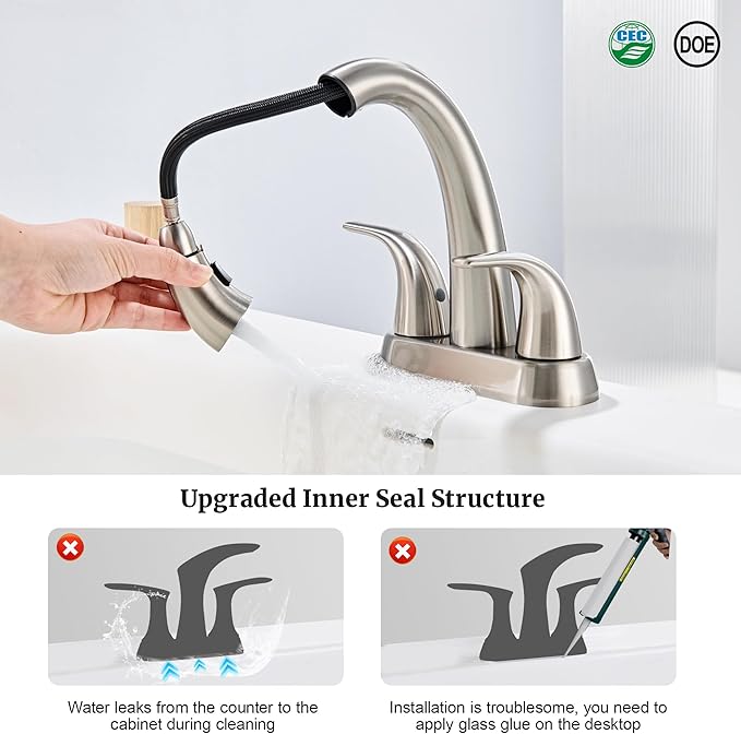 Ultimate Unicorn Pull Down Bathroom Sink Faucet - Anti-Splash Brushed Nickel 4 Inch Centerset Vanity Faucets 3 Hole with Pop Up Drain, Two Handle Modern Washbasin Tap Set with Sprayer for Rv Restroom