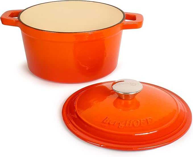 BergHOFF Neo 4Pc Enameled Cast Iron Cookware Set, Grill Pan 11 inches, Fry Pan 10 inches, 3qt. Dutch Oven, Matching Lid, Fast, Evenly Heat, Oven Safe (Orange)