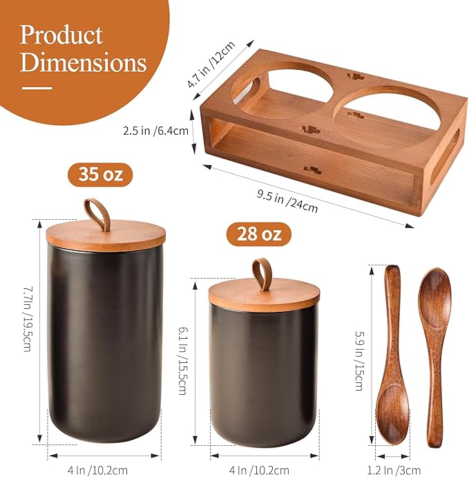 Black Ceramic Canister Set of 2 with Bamboo Lids, Wooden Stand & Spoons – 35oz & 28oz Airtight Food Storage Jars for Coffee, Sugar, Tea, Kitchen Counter Organizer