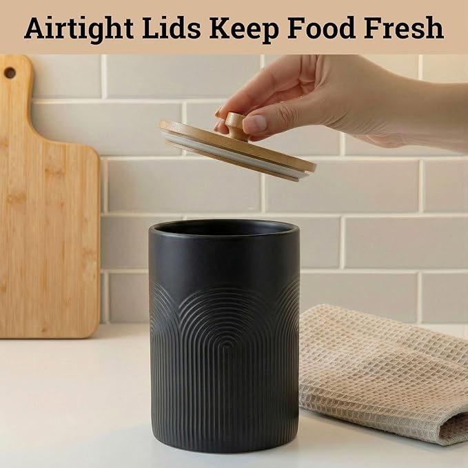 Ceramic Kitchen Canisters for Countertop Set of 3 with Airtight Bamboo Lids - Black Kitchen Canisters with Airtight Lids - Flour Sugar Canister Set - Flour and Sugar Containers Farmhouse - Coffee Jar