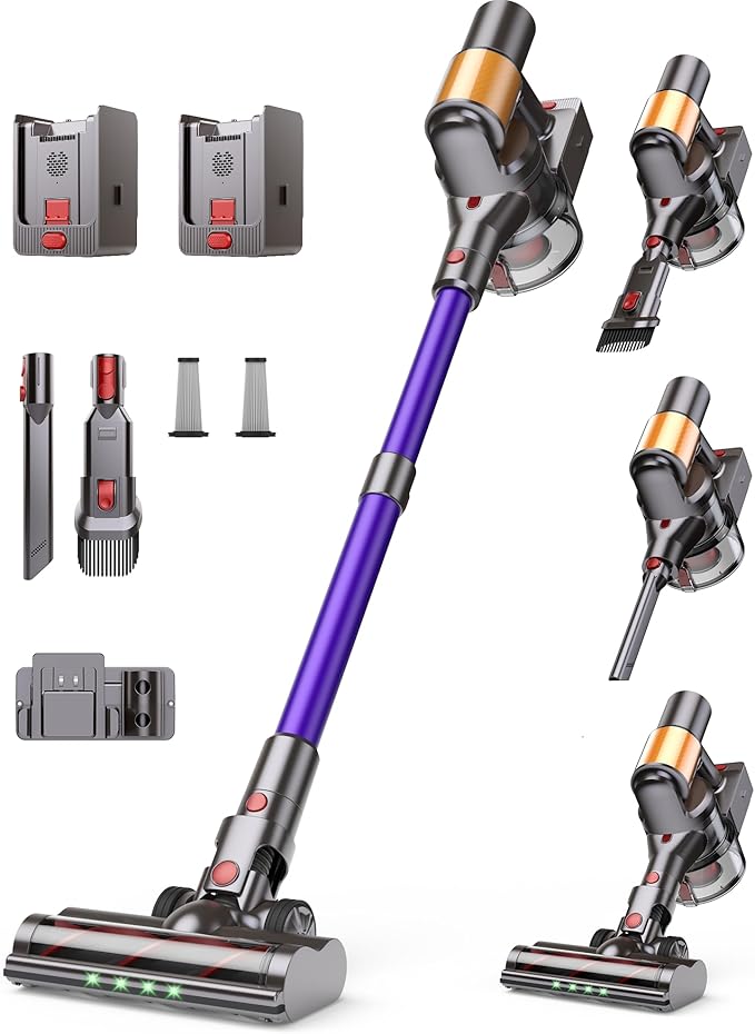 Cordless Stick Vacuum Cleaner, 2 Batteries 120 Mins for Home, Pet Hair | 600W 50KPA Powerful, Self-Standing, Tangle-Free Brush, LED Display, Vacuum Cleaner for Hardwood Floor, Carpet