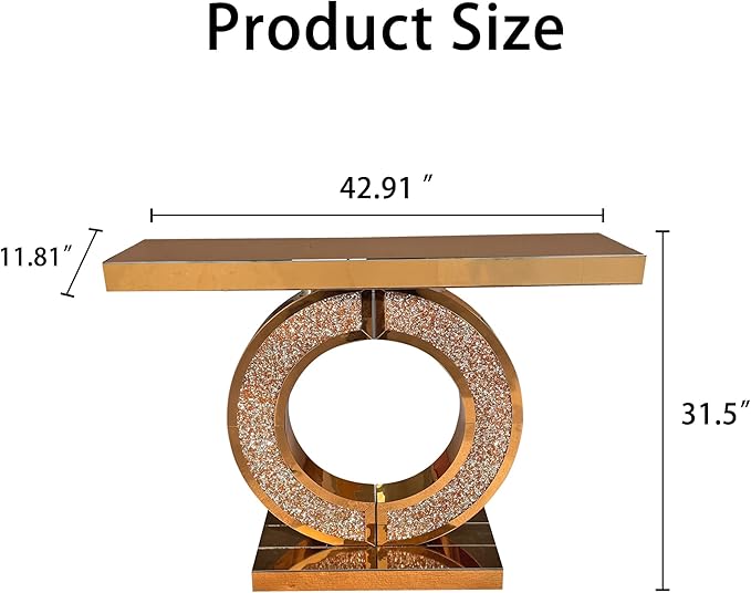SSLine Mirror Console Table for Living Room 43" Modern Mirrored Entryway Table with Crystal O-Shape Base Luxury Brown Glass Foyer Tables for Entryway Hallway