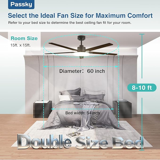 Passky Ceiling Fans with Lights, 60 inch Sleek Ceiling Fan with Light and Remote Control, 3CCT, Dimmable, Reversible, Noiseless, Black Ceiling Fan for Bedroom, Living Room