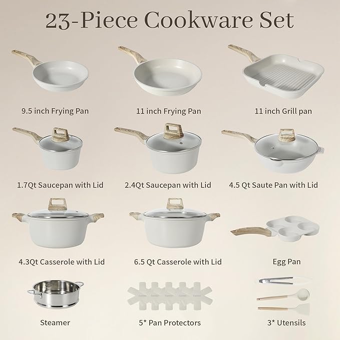 23Pcs Pots and Pans Set Non Stick, Kitchen Cookware Sets, Granite Induction Cookware Non Stick Cooking Set w/Frying Pans, Saucepans, Griddle, EggPan (White)