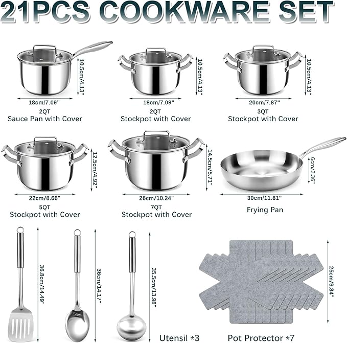 Stainless Steel Cookware Set - 21 PCS Kitchen Cookware Sets with 3-Ply Frying Pan, Even Heating, Cool Handle, Chef Quality Cooking Set, Pots and Pans Set Induction Ready, Dishwasher Safe