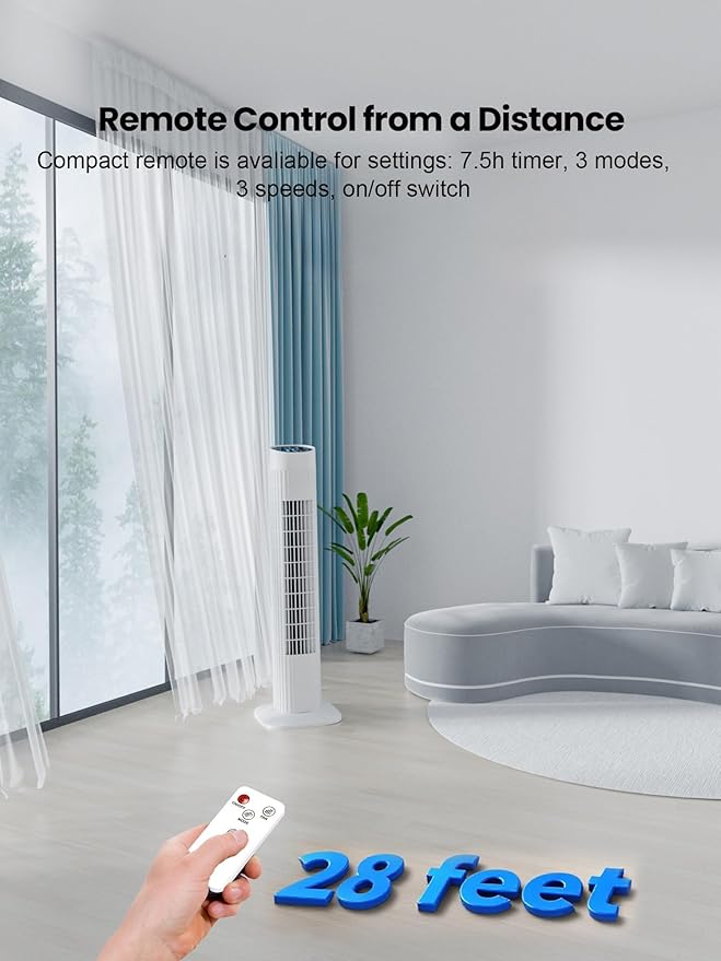 Uthfy Tower Fan with Remote, Portable 120° Oscillating Standing Fan, 3 Speeds & 3 Modes, 7.5H Timer, Fans That Blow Cold Air for Bedroom, Living Room, Office, White
