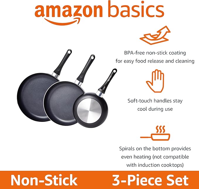 Amazon Basics Non-Stick 3-Piece Frying Pan Set with Stay Cool Handles, 8-inch, 10-inch, 12-inch, Black