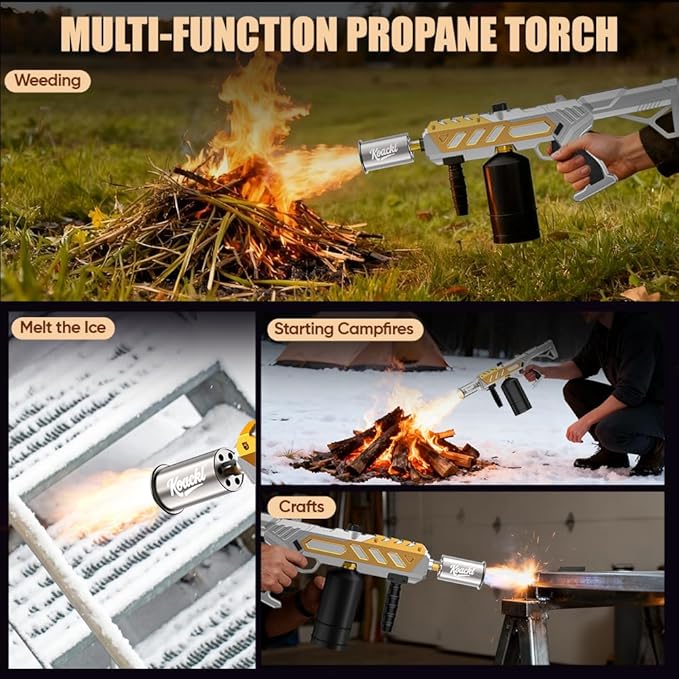 Koackl Powerful Propane Torch, Blow Torch with Adjustable Flame, Flamethrower Kitchen Torch Burner Gas Welding Kits for Grill, BBQ, Searing Steak, Camping & Charcoal Torch Lighter Golden