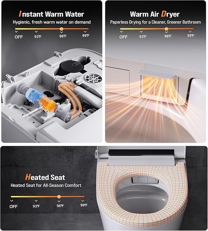 Smart Toilet with Bidet Built In, Heated Seat & Dual Auto Flush, Foot Sensor, Tankless Modern Elongated Electric Toilet with Warm Water Wash, Air Dryer, LED Display & 1000g MaP Flush, 1.28 GPF