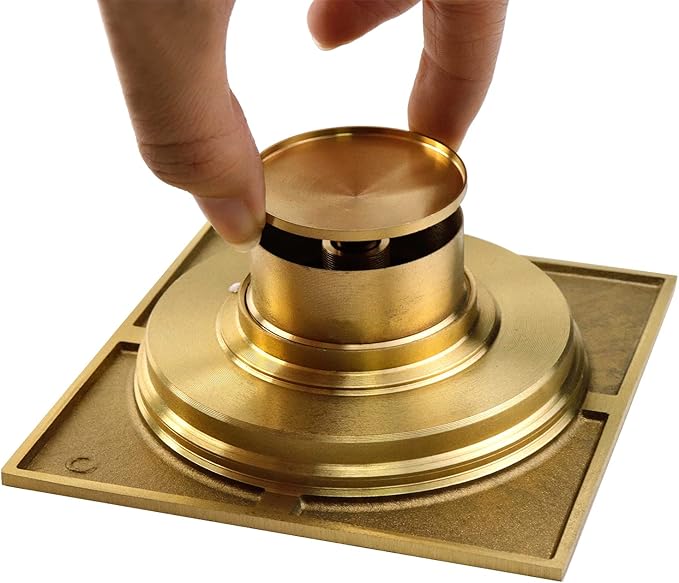 Antrader 3.9-inch Copper Shower Floor Drain with Removable Strainer Cover, Square Anti-Clogging Bathroom Accessory, Gold