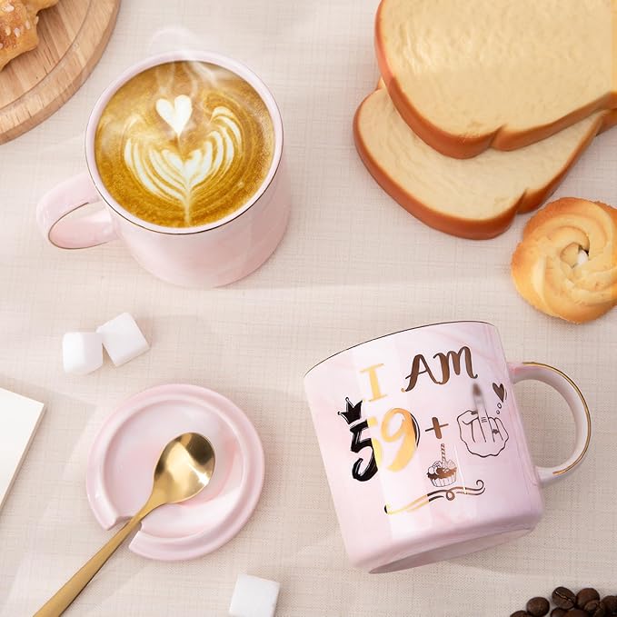 Funny 60th Birthday Coffee Mug for Women - 14oz Pink Marble Ceramic Mug, Playful Gold 59 Plus 1 Hand Design - Hilarious Turning 60 Year Old Gift for Mom, Sister, Best Friend, Wife, Neighbor, Colleague