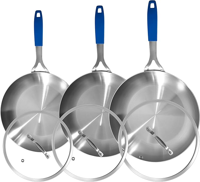 Inqibee 8.5-10-12 Inch Tri-Ply Stainless Steel Frying Pan Set with Lids, Skillets, Induction Chef's Cooking Pans, Pots and Pans Set, Dishwasher Safe and Detachable Handle