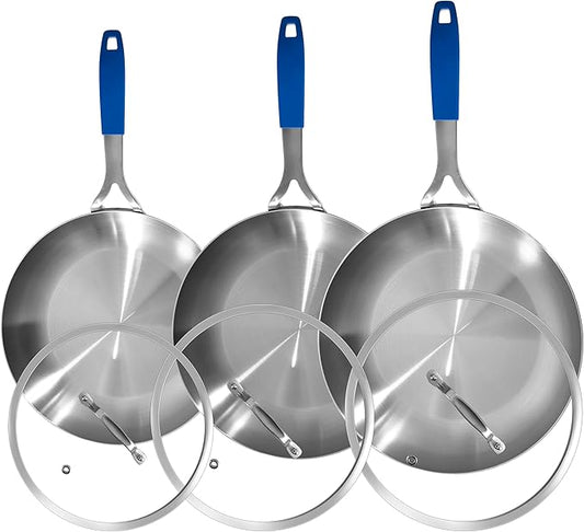 Inqibee 8.5-10-12 Inch Tri-Ply Stainless Steel Frying Pan Set with Lids, Skillets, Induction Chef's Cooking Pans, Pots and Pans Set, Dishwasher Safe and Detachable Handle