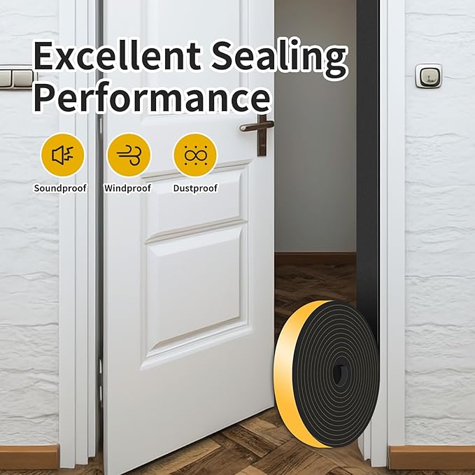 Weather Stripping Door Seal,Weather Stripping,Soundproof,Cold Insulation,High Density CR Foam Insulation Tape for Door, Front Door Frame, Windows,Sliding Door (Black, 1 in x 1/4 in x 26Ft)