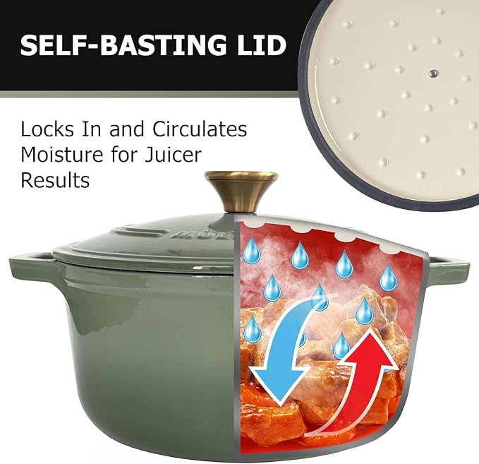 MUELLER HOME 7.5 Quart Enameled Cast Iron Dutch Oven For Sourdough Bread Baking, Heavy-Duty, Oven-Safe up to 500° F & Across All Cooktops, Casserole Dishes, Green Kitchen Accessories, Thyme Green | For Sourdough Bread Baking, Heavy-Duty, Oven-Safe up t...