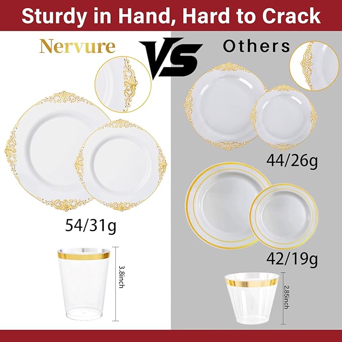 Nervure 350PCS Gold Plastic Plates - Gold Plastic Dinnerware Sets for 50 Guests - 100 Disposable Plates, 150 Silverware, 50 Cups, 50 Napkins for Wedding & Party & Mothers Day