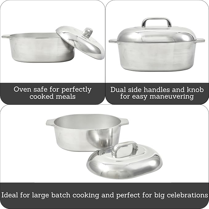 IMUSA 11 Inch Cajun Cast Aluminum Oval Roaster with Lid for Vegetables | Ideal for Roasting Meats and Stews
