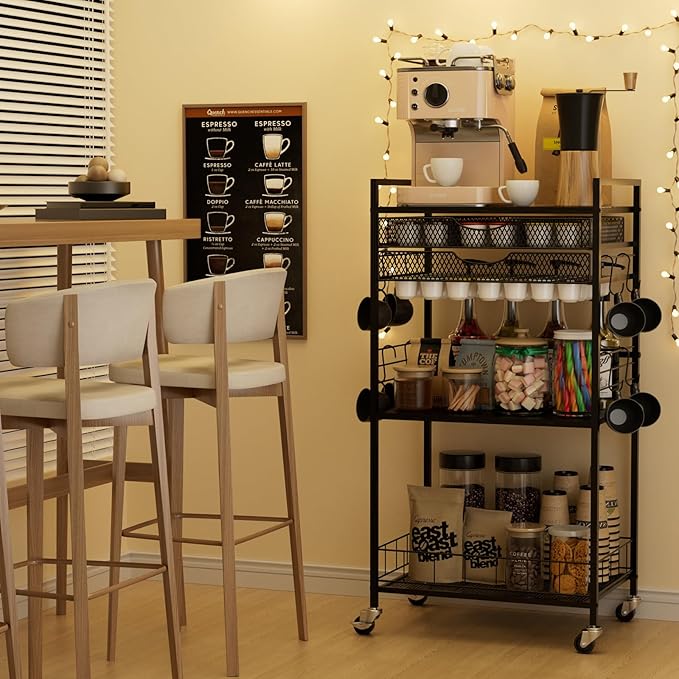 Homsorout Coffee Bar Station with Storage Drawer - 5 Tier Coffee Table Countertop Organizer for K Cups, Tea Bags, Sugar Storage and Kitchen Cabinets (Black)