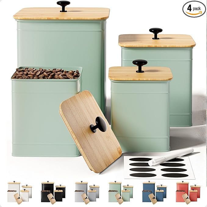 Kitchen Canisters for Countertop Set of 4 with Customizable Chalkboard Labels & Marker Pen - Big Iron Kitchen Canisters with Airtight Lids - Sage Green Canister Set - Flour and Sugar Containers