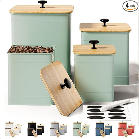 Kitchen Canisters for Countertop Set of 4 with Customizable Chalkboard Labels & Marker Pen - Big Iron Kitchen Canisters with Airtight Lids - Sage Green Canister Set - Flour and Sugar Containers
