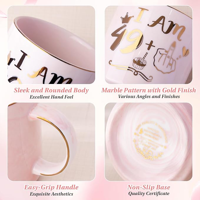 ALBISS Funny 50th Birthday Gifts for Women, 14oz Pink Marble Ceramic Coffee Mug with Gold 49+1 Sassy Hand Design, Elegant Turning 50 Gift for Her, Greeting Card & Gift Box Included