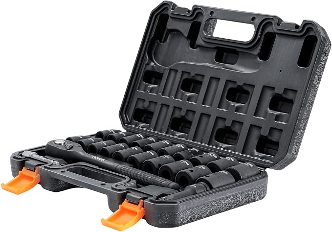 VEVOR 1/2" Drive Impact Socket Set, 23 Piece Socket Set SAE （7/16" -1"）& Metric （13-24mm）6 Point Cr-V Alloy Steel for Auto Repair with Ratchet Handle Rugged Construction Storage Case