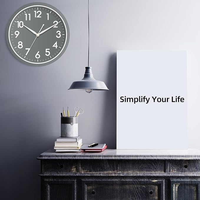AKCISOT 10 Inch Wall Clock, Battery Operated Analog Clock, Silent Non-Ticking, Ideal for Bedroom, Bathroom, Kitchen, Office and School, Gray