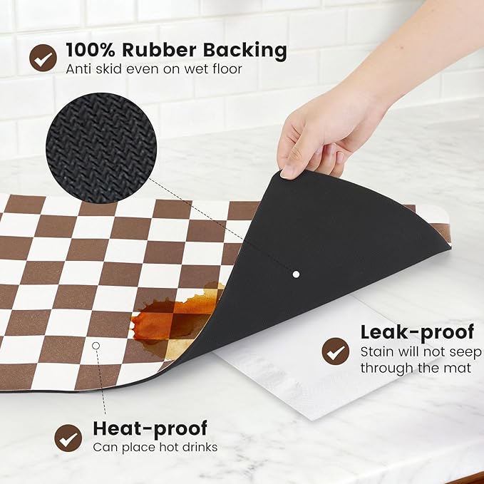 16" x 24" Checkered Dish Drying Mat for Kitchen Counter, Absorbent Coffee Bar Mat for Espresso Machine Coffee Countertops Accessories, Coffee Brown