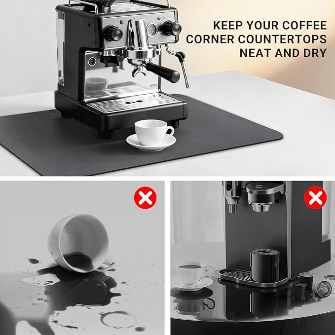 Coffee Mat 32x18 Inch, Dark Gray Coffee Maker Mat, Absorbent Hide Stain Rubber Backed Dish Drying Mat for Kitchen Counter, Bar Mats for Countertops, Under Coffee Bar Maker Machine Pot Espresso Staion