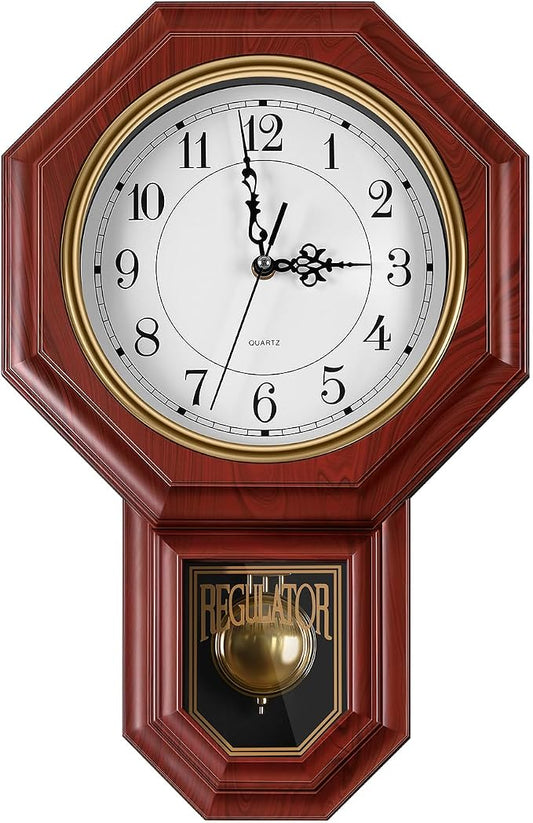 Regulator Wall Clock with Pendulum,Imitation Red Wood Plastic Wall Clock Battery Operated,Vintage Decorative Wall Clocks for Living Room,Farmhouse,Office,Bedroom,Kitchen,Wall Decor
