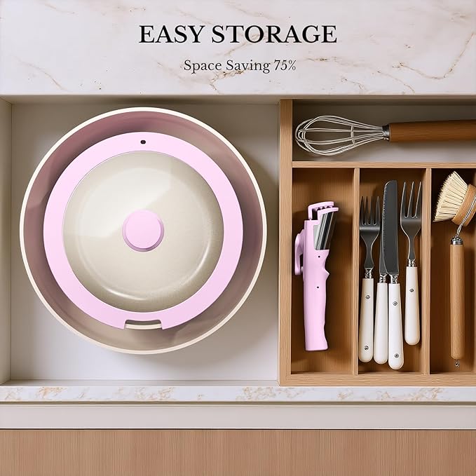 Pots and Pans Set Non Stick, Ceramic Cookware Set Detachable Handle, RV Camping Kitchen Cooking Set Removable Handles, Dishwasher/Oven/Fridge Safe, Induction, Space Saving，PINK