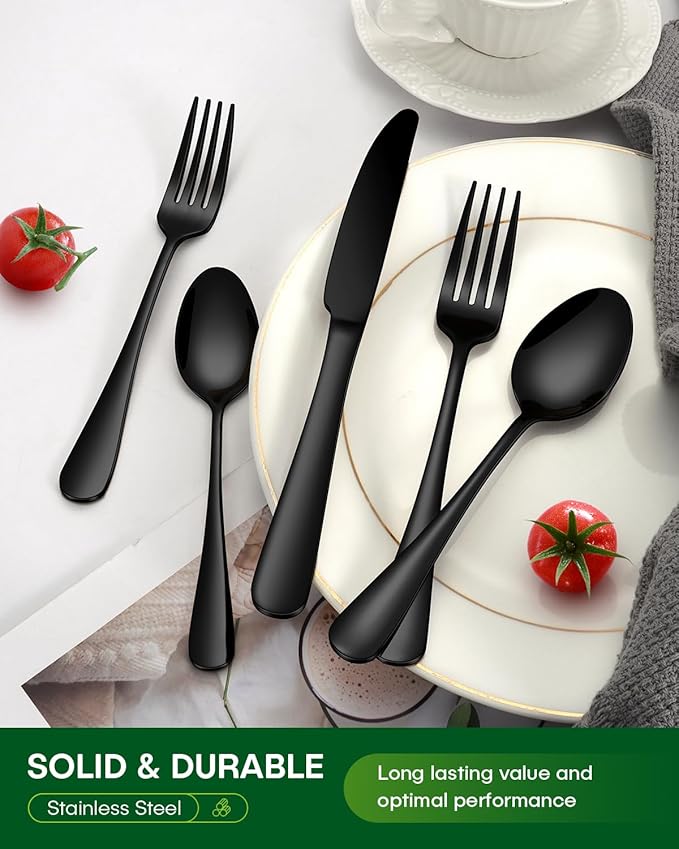 PHILIPALA 40 Piece Black Silverware Set, Stainless Steel Flatware Set for 8 Food Grade Cutlery Utensil Set Include Knife Fork Spoon Mirror Polished Dishwasher Safe