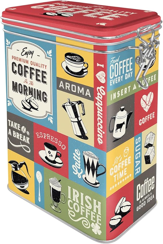 Nostalgic-Art Retro coffee tin box, 44 oz, Coffee Collage – Gift idea for coffee fans, metal clip top can, vintage design