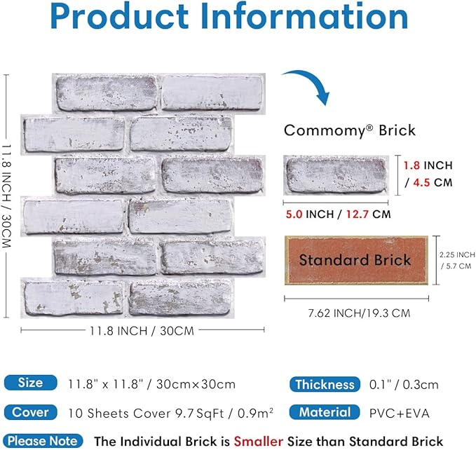COMSTICKC 3D Faux Brick Wall Panel Peel and Stick, 10 Pcs of 12"X12", Small Size, Ultra-Light PVC Fake Brick Decorative Tiles Backsplash, Paintable, Not Real Brick (Whitewash -2)