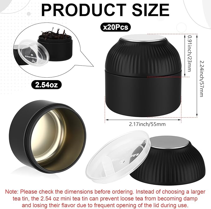 20 Pcs Mini Tea Tin Canister with Airtight Double Lids 2.5 oz Bulk Small Round Metal Tinplate Tea Tin Can Tiny Kitchen Containers for Loose Teas Spices Coffee Herb Sugar Candy (Black)