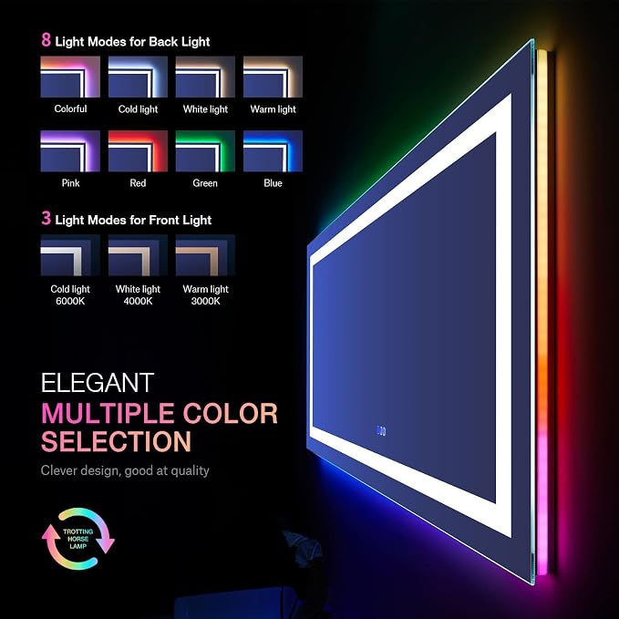 LOAAO 55"X30" RGB LED Bathroom Mirror with Lights, Anti-Fog, Dimmable, Lighted Bathroom Vanity Mirror, Multiple Light Modes, RGB Backlit + Front Light, Memory Function, Tempered Glass, ETL Listed