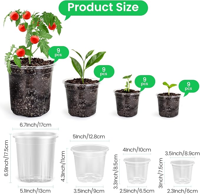 Bluepro Clear Nursery Pots with Drainage Holes, 3.5/4/5/7 Inch, 36-Pack | Clear PET, 9 Each of 4 Sizes, Root and Moisture Visibility, Flexible, Reusable, Indoor Use, Propagation and Seed Starting