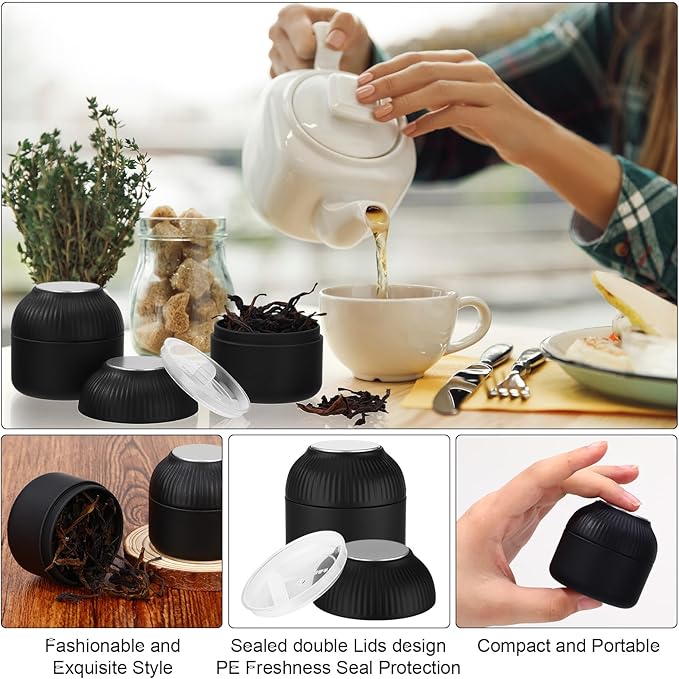 50 Pcs Mini Tea Tin Canister with Airtight Double Lids 2.5 oz Bulk Small Round Metal Tinplate Tea Tin Can Tiny Kitchen Containers for Loose Teas Spices Coffee Herb Sugar Candy (Black)