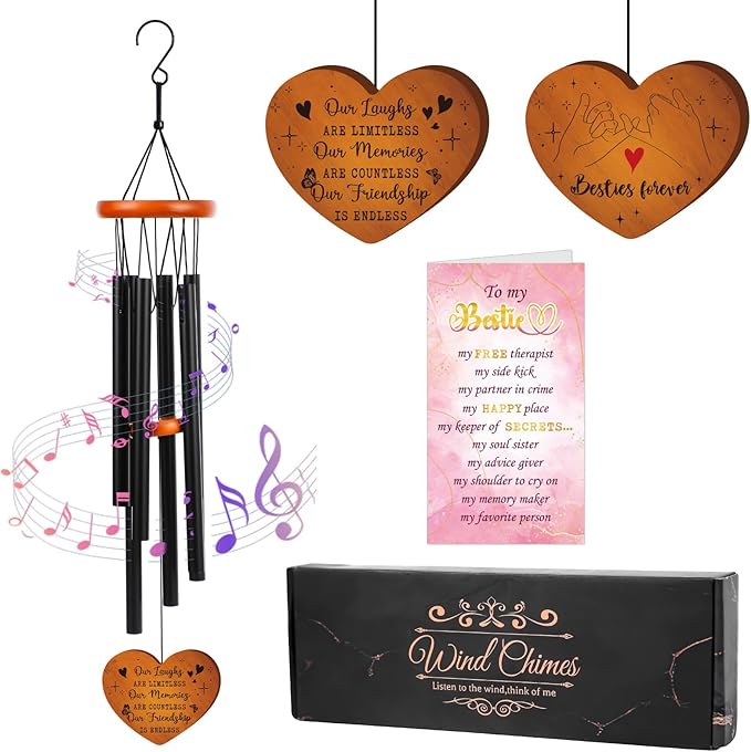 Friendship Gifts Wind Chimes for Outside – Bestie Gifts Engraved Wooden Heart with Gift Box & Card, Birthday Gift for Best Friend Women, Garden Patio Hanging Decor
